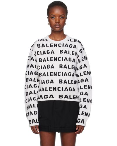 Balenciaga Pull blanc cassé à motif à logo en tricot jacquard - Noir