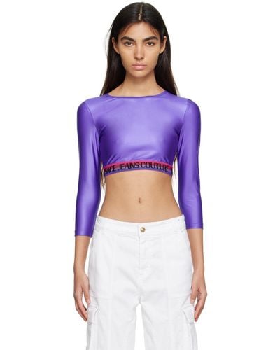 Versace T-shirt à manches longues mauve à logo en tricot jacquard - Violet
