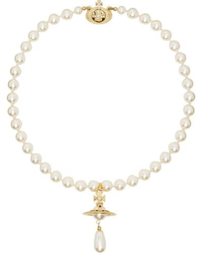 Vivienne Westwood White & Gold One Row Pearl Drop Choker - Natural