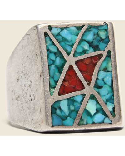 Vintage Crushed Coral & Turquoise Rectangle Ring - Sterling Silver - Blue