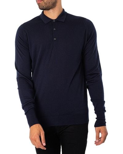 John Smedley Longsleeved Knitted Polo Shirt - Blue