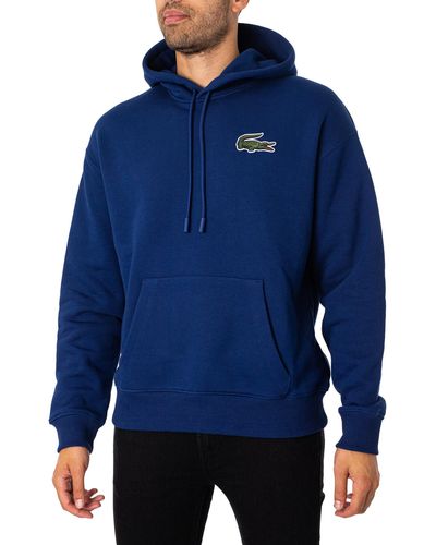 Lacoste Loose Fit Organic Cotton Pullover Hoodie - Blue