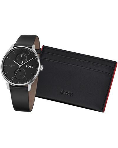 BOSS by HUGO BOSS Boss 1570163 Tyler Leather Strap Watch & Card Holder Set - Black