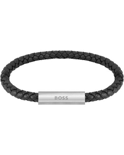 BOSS Braided Leather Bracelet - Black