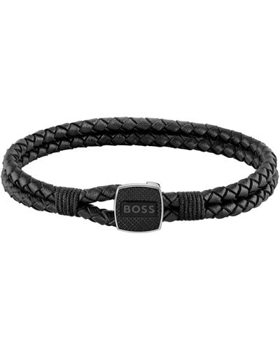 BOSS Seal Braided Leather Bracelet - Black