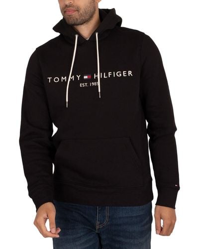 Tommy Hilfiger Big & Tall Flock Stripe Logo Hoodie In Black