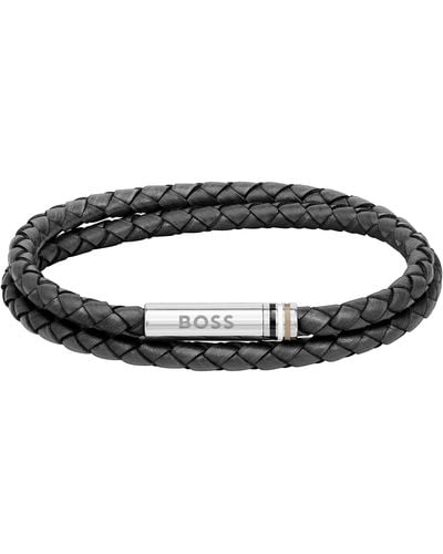 BOSS Ares Leather Rope Bracelet - Black
