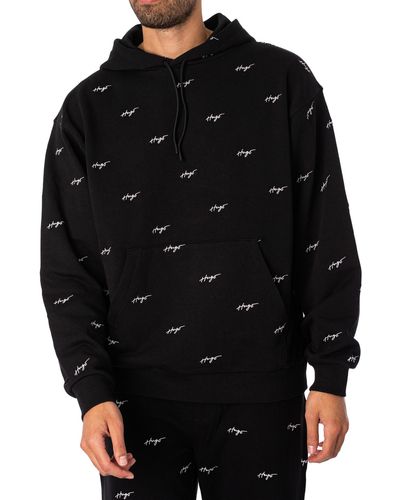 HUGO Relaxed-fit Hoodie In Cotton Terry With Handwritten Logos - Black