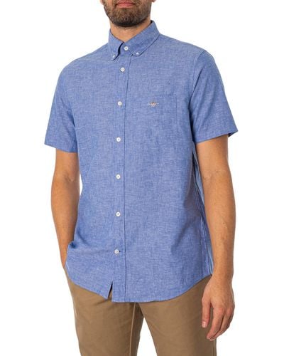 GANT Regular Cotton Linen Short Sleeved Shirt - Blue
