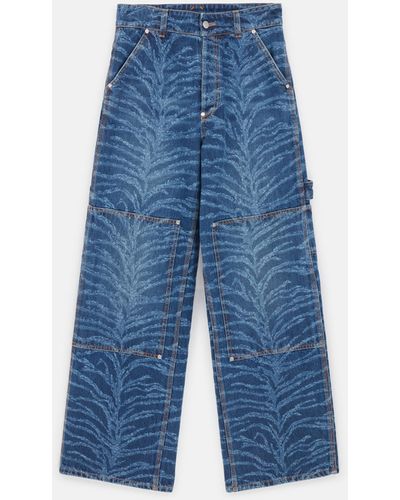Stella McCartney Tiger Pattern High-Rise Straight Leg Cargo Jeans, , Vintage Wash Denim - Blue