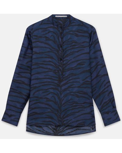 Stella McCartney Tiger Print Grandfather Collar Shirt, , Tiger Print - Blue
