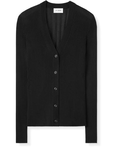 St. John Rib Knit V-neck Cardigan - Black