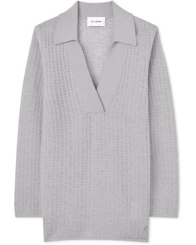 St. John Plaid Knit Collared Sweater - Gray