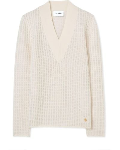 St. John Plaid Knit V-neck Sweater - White