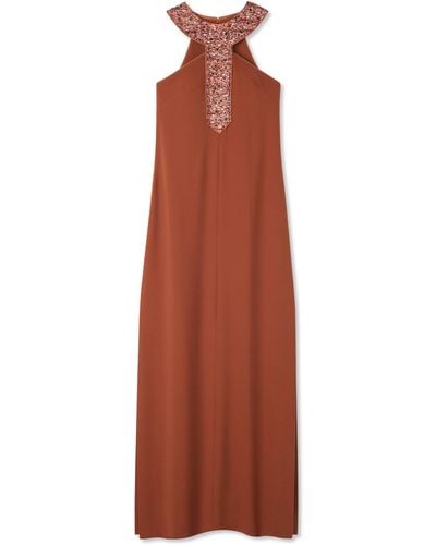 St. John Satin Back Crepe Embellished Collar Dress - Brown