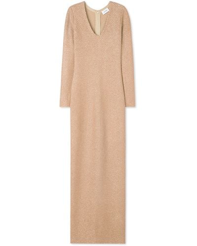 St. John Sequin Stretch Twill Knit V-neck Gown - Natural