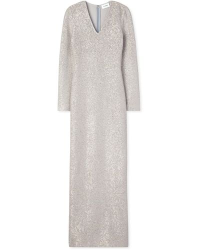 St. John Long Sleeve Sequin Knit V-neck Gown - Gray