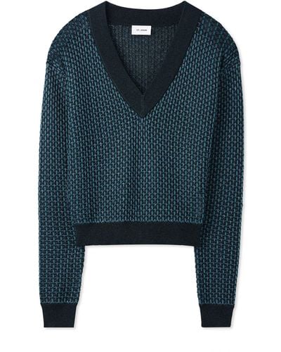 St. John Stretch Mesh Knit V-neck Sweater - Blue