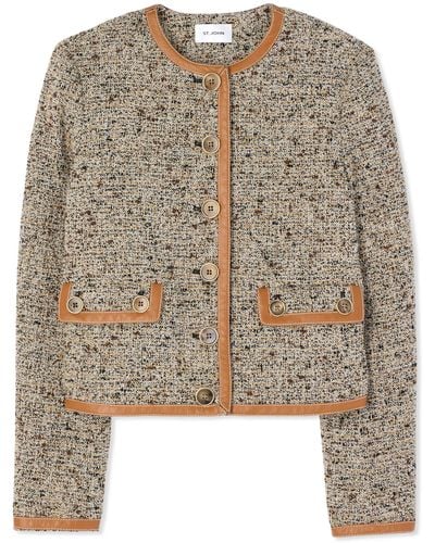 St. John Leather Trim Multicolor Boucle Tweed Jacket