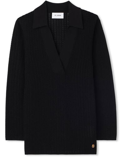 St. John Plaid Knit Collared Sweater - Black