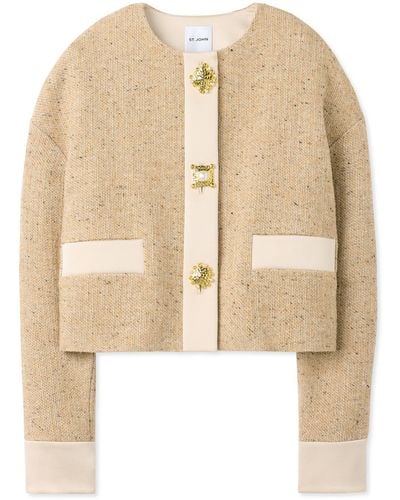 St. John Italian Tweed Contrast Trim Short Jacket - Natural