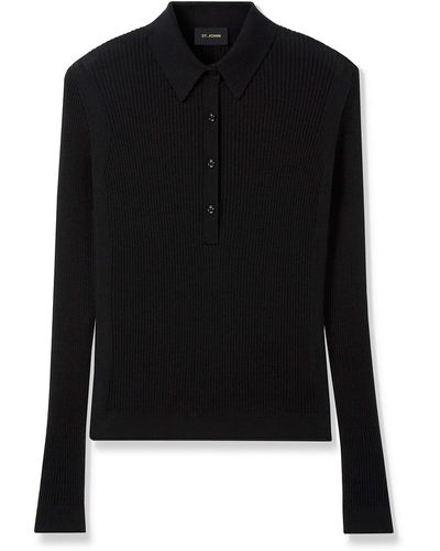 St. John Silk And Wool Long Sleeve Polo - Black