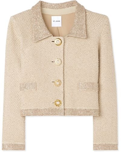 St. John Sequin Stretch Twill Knit 3/4 Sleeve Jacket - Natural
