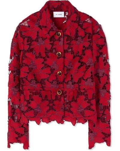 St. John Floral Guipure Lace Jacket - Red