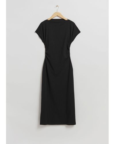 & Other Stories Ruched Shoulder Detail Midi Dress - Black