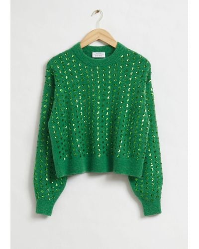 & Other Stories Cropped Sequin Embellished Sweater - Green