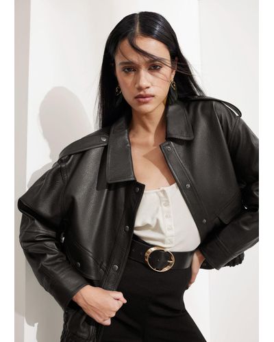& Other Stories Boxy Buttoned Leather Jacket - Black