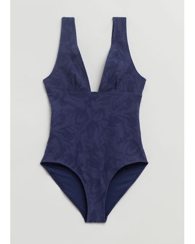 & Other Stories Tulip Textured V-cut Swimsuit - Blue