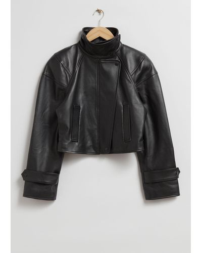 & Other Stories Cropped Leather Jacket - Black