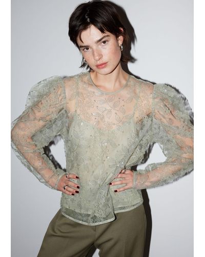 & Other Stories Sheer Embroidered Organza Blouse - Gray