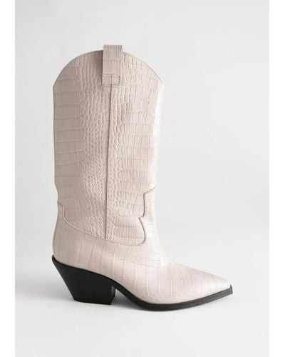 & Other Stories Croc Embossed Leather Cowboy Boots - White