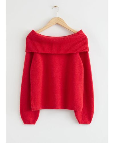 & Other Stories Chunky Off Shoulder Wool Sweater - Red