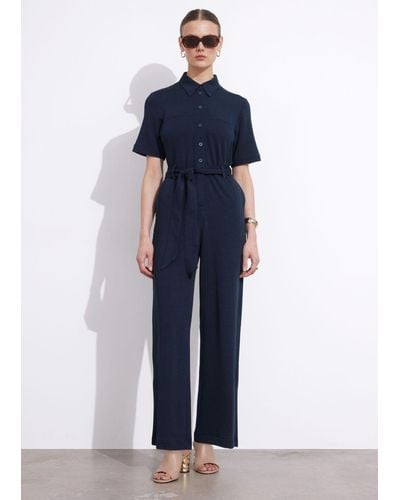 & Other Stories Belted Short Sleeve Jumpsuit - Blue