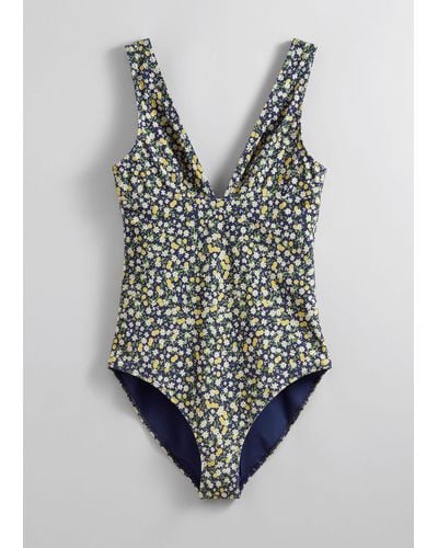 & Other Stories Printed V-cut Swimsuit - Blue