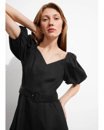 & Other Stories Linen Puff Sleeve Midi Dress - Black