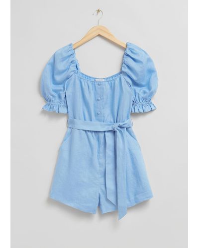 & Other Stories Square Neck Puff Sleeve Playsuit - Blue