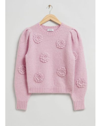 & Other Stories Rose-appliqué Knit Sweater - Pink