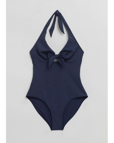 & Other Stories Halterneck Bow Swimsuit - Blue