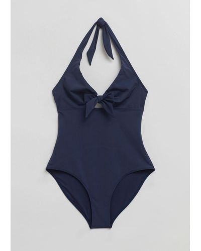 & Other Stories Halterneck Bow Swimsuit - Blue