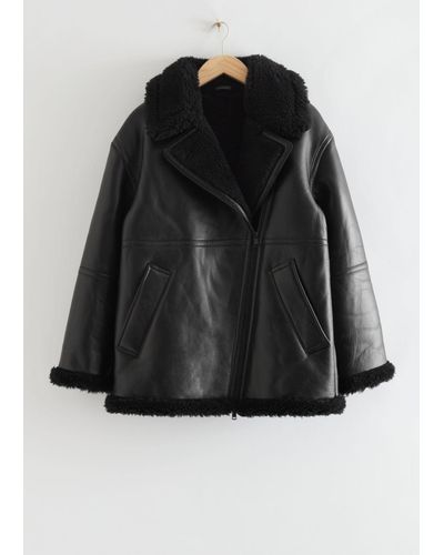 & Other Stories Oversized Leather Shearling Jacket - Black