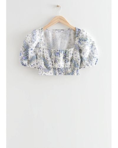 & Other Stories Printed Puff Sleeve Crop Top - Grey