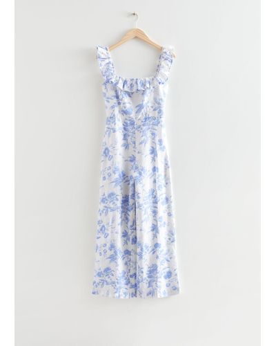 & Other Stories Printed Frilled Linen Jumpsuit - White