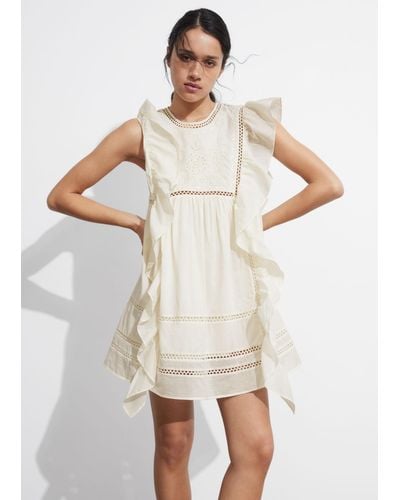 & Other Stories Embroidered Ruffle Mini Dress - Natural