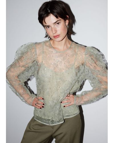 & Other Stories Sheer Embroidered Organza Blouse - Grey