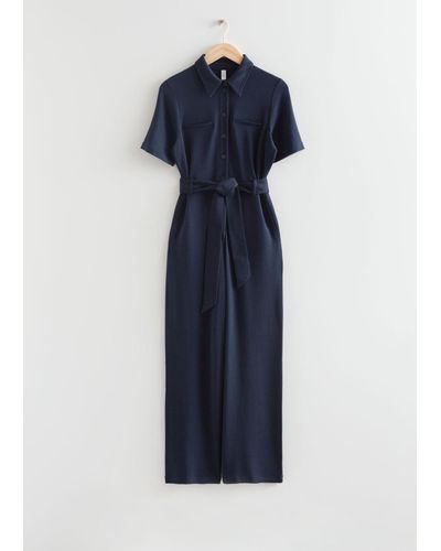 & Other Stories Belted Short Sleeve Jumpsuit - Blue