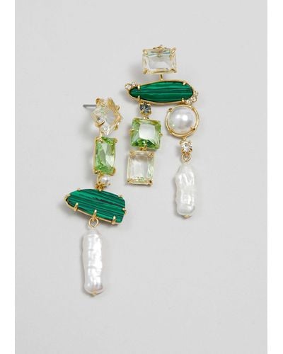 & Other Stories Rhinestone Pearl Hanging Earrings - Green